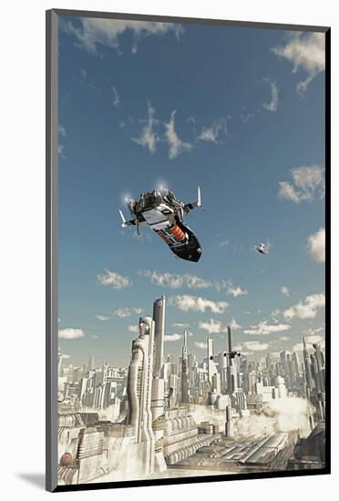 Scout Ship Scifi City Approach-null-Mounted Art Print