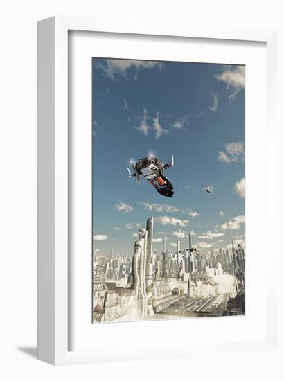 Scout Ship Scifi City Approach-null-Framed Art Print