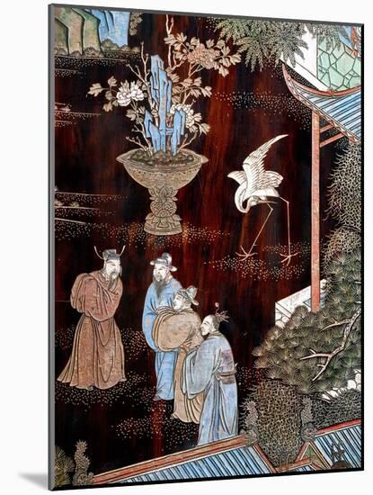 Screen Called 'Coromandel' with Scenes from Life in Forbidden Town of Peking: Dignitaries in Garden-null-Mounted Giclee Print