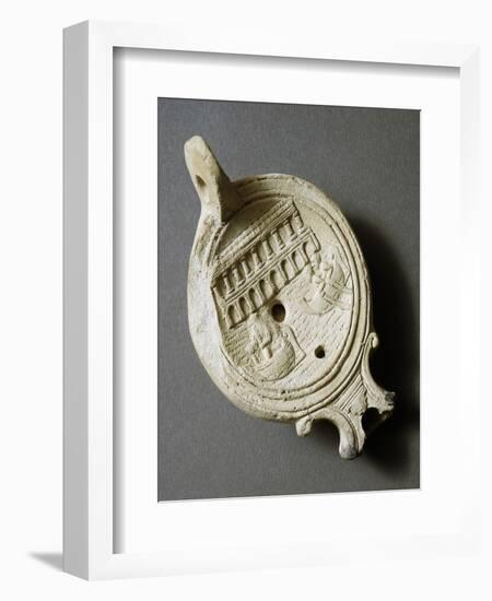 Scrolled Terracotta Lucerne Depicting Harbor and Two Boats-null-Framed Giclee Print