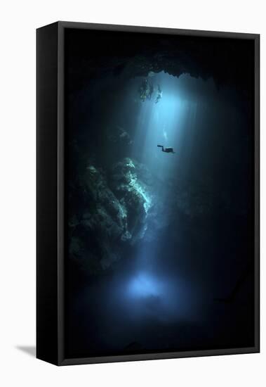 Scuba Diver Descends into the Pit Cenote in Mexico-null-Framed Premier Image Canvas