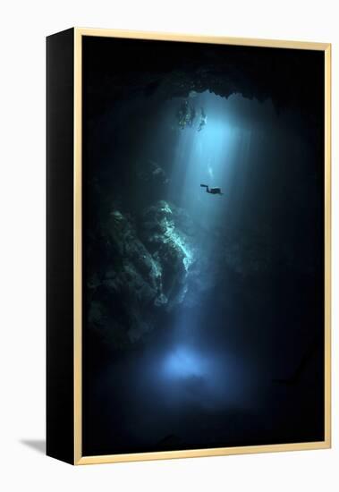 Scuba Diver Descends into the Pit Cenote in Mexico-null-Framed Premier Image Canvas