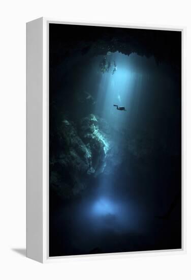 Scuba Diver Descends into the Pit Cenote in Mexico-null-Framed Premier Image Canvas