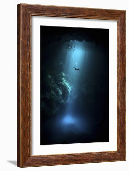 Scuba Diver Descends into the Pit Cenote in Mexico-null-Framed Photographic Print