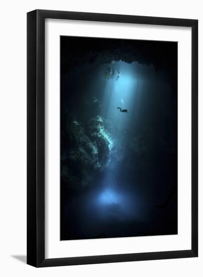 Scuba Diver Descends into the Pit Cenote in Mexico-null-Framed Photographic Print