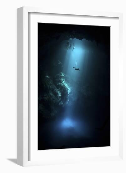 Scuba Diver Descends into the Pit Cenote in Mexico-null-Framed Photographic Print