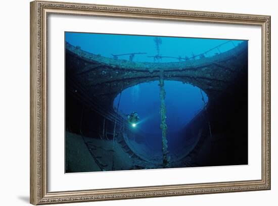 Scuba Diver Exploring a Shipwreck, Papua New Guinea, Coral Sea.-Reinhard Dirscherl-Framed Photographic Print