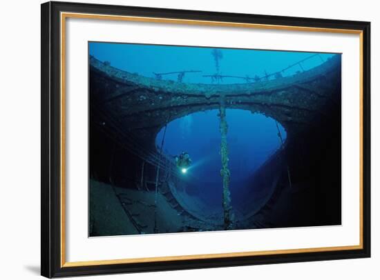 Scuba Diver Exploring a Shipwreck, Papua New Guinea, Coral Sea.-Reinhard Dirscherl-Framed Photographic Print