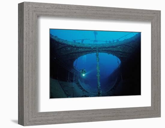 Scuba Diver Exploring a Shipwreck, Papua New Guinea, Coral Sea.-Reinhard Dirscherl-Framed Photographic Print