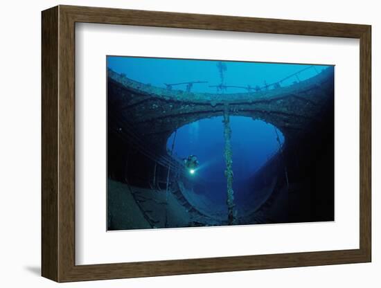 Scuba Diver Exploring a Shipwreck, Papua New Guinea, Coral Sea.-Reinhard Dirscherl-Framed Photographic Print