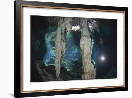 Scuba Diver in Gran Cenote, Tulum, Yucatan Peninsula, Mexico. Model Release-Reinhard Dirscherl-Framed Photographic Print