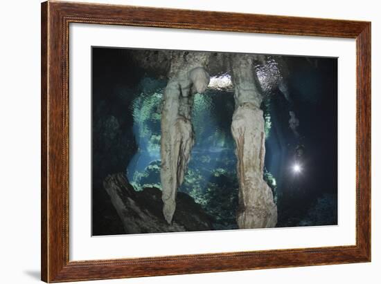 Scuba Diver in Gran Cenote, Tulum, Yucatan Peninsula, Mexico. Model Release-Reinhard Dirscherl-Framed Photographic Print