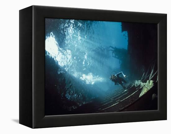 Scuba Diver Near Wreck-Peter Scoones-Framed Premier Image Canvas