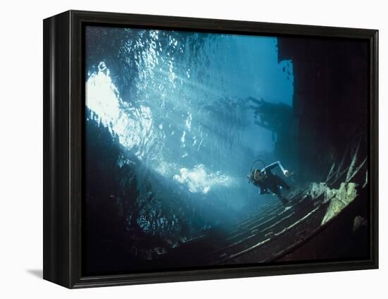 Scuba Diver Near Wreck-Peter Scoones-Framed Premier Image Canvas