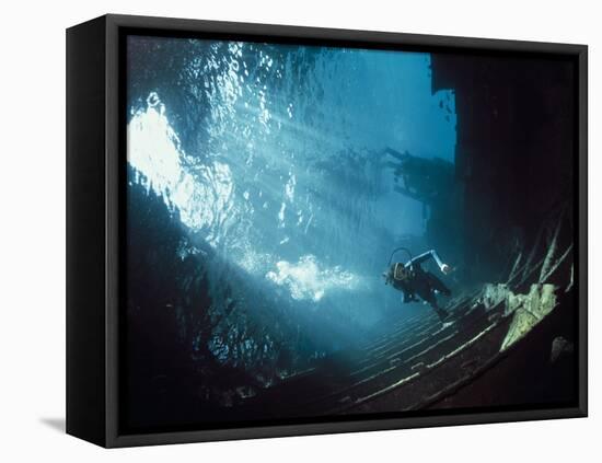 Scuba Diver Near Wreck-Peter Scoones-Framed Premier Image Canvas