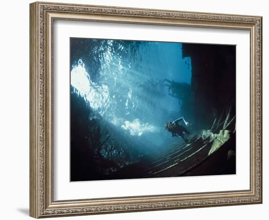 Scuba Diver Near Wreck-Peter Scoones-Framed Photographic Print