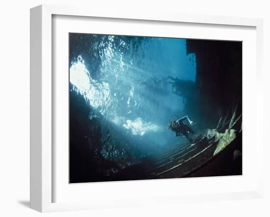 Scuba Diver Near Wreck-Peter Scoones-Framed Photographic Print