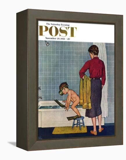 "Scuba in the Tub" Saturday Evening Post Cover, November 29, 1958-Amos Sewell-Framed Premier Image Canvas