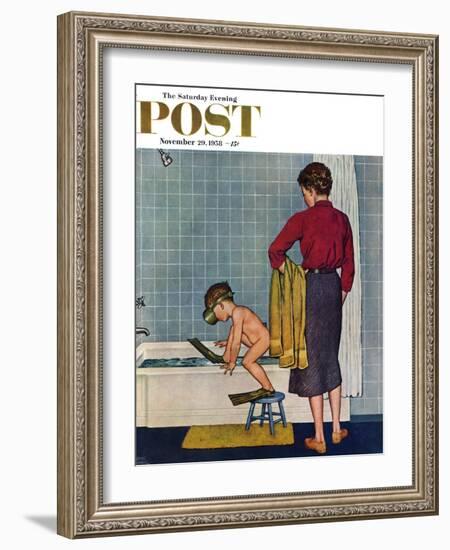 "Scuba in the Tub" Saturday Evening Post Cover, November 29, 1958-Amos Sewell-Framed Giclee Print