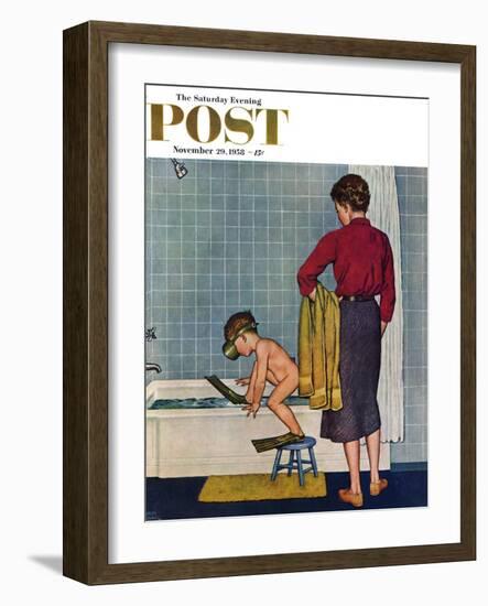 "Scuba in the Tub" Saturday Evening Post Cover, November 29, 1958-Amos Sewell-Framed Giclee Print