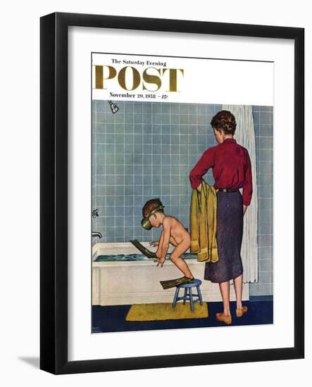 "Scuba in the Tub" Saturday Evening Post Cover, November 29, 1958-Amos Sewell-Framed Giclee Print