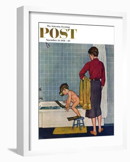 "Scuba in the Tub" Saturday Evening Post Cover, November 29, 1958-Amos Sewell-Framed Giclee Print