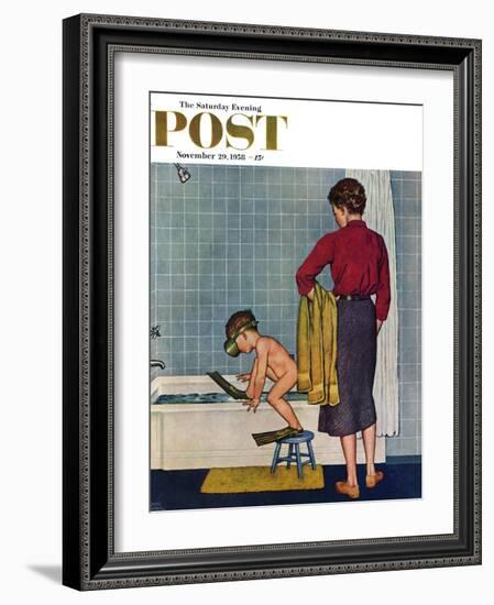 "Scuba in the Tub" Saturday Evening Post Cover, November 29, 1958-Amos Sewell-Framed Giclee Print