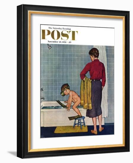 "Scuba in the Tub" Saturday Evening Post Cover, November 29, 1958-Amos Sewell-Framed Giclee Print