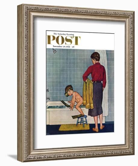 "Scuba in the Tub" Saturday Evening Post Cover, November 29, 1958-Amos Sewell-Framed Giclee Print