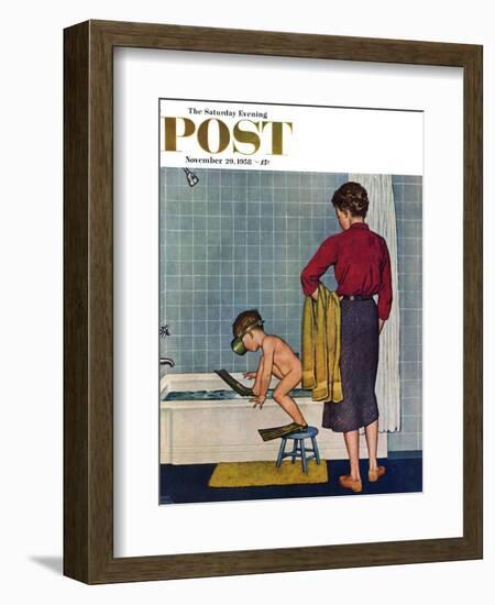 "Scuba in the Tub" Saturday Evening Post Cover, November 29, 1958-Amos Sewell-Framed Giclee Print