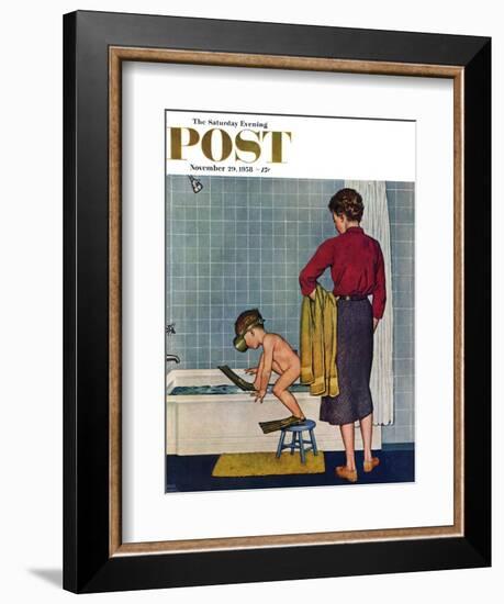 "Scuba in the Tub" Saturday Evening Post Cover, November 29, 1958-Amos Sewell-Framed Giclee Print