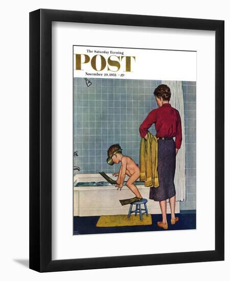 "Scuba in the Tub" Saturday Evening Post Cover, November 29, 1958-Amos Sewell-Framed Giclee Print