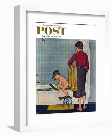 "Scuba in the Tub" Saturday Evening Post Cover, November 29, 1958-Amos Sewell-Framed Giclee Print