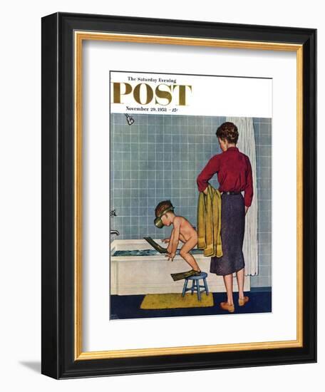 "Scuba in the Tub" Saturday Evening Post Cover, November 29, 1958-Amos Sewell-Framed Giclee Print