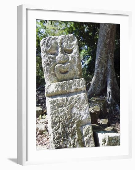 Sculpted Head Stone at Mayan Archeological Site, Copan Ruins, UNESCO World Heritage Site, Honduras-Christian Kober-Framed Photographic Print
