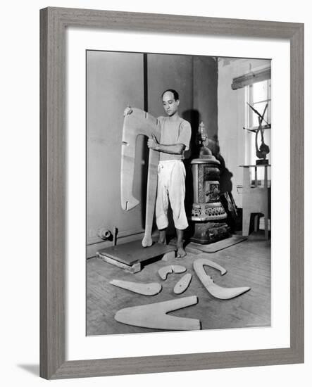 Sculptor Isamu Noguchi at Work on a Piece in His Studio-Eliot Elisofon-Framed Premium Photographic Print