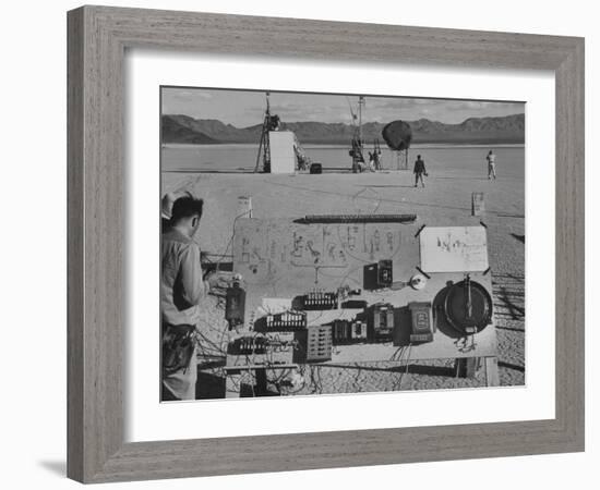 Sculpture Jean Tinguely in Nevada Desert Trying Out His Self-Destruction Machine Sculpture-Allan Grant-Framed Photographic Print