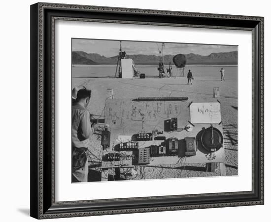 Sculpture Jean Tinguely in Nevada Desert Trying Out His Self-Destruction Machine Sculpture-Allan Grant-Framed Photographic Print