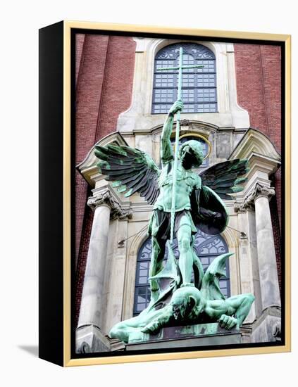 Sculpture of the Archangel Michael Defeating Satan, St Michael's Church, Hamburg, Germany-Miva Stock-Framed Premier Image Canvas