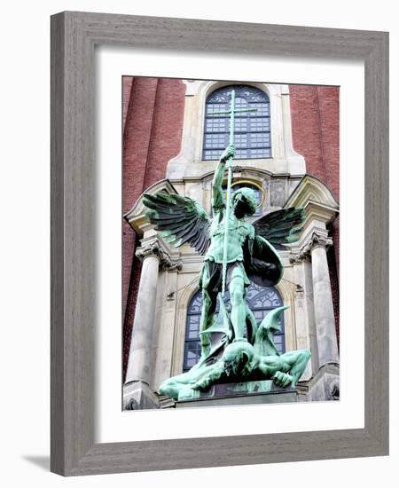 Sculpture of the Archangel Michael Defeating Satan, St Michael's Church, Hamburg, Germany-Miva Stock-Framed Photographic Print