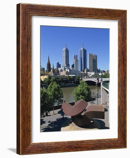 Sculpture on Yarra River Embankment and City Skyline, Melbourne, Victoria, Australia, Pacific-Hans Peter Merten-Framed Photographic Print