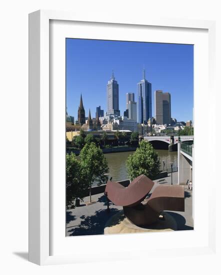 Sculpture on Yarra River Embankment and City Skyline, Melbourne, Victoria, Australia, Pacific-Hans Peter Merten-Framed Photographic Print