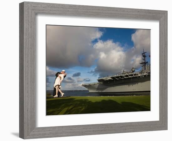 Sculpture Unconditional Surrender with USS Midway Aircraft Carrier, San Diego, California, USA-null-Framed Photographic Print