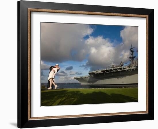 Sculpture Unconditional Surrender with USS Midway Aircraft Carrier, San Diego, California, USA-null-Framed Photographic Print