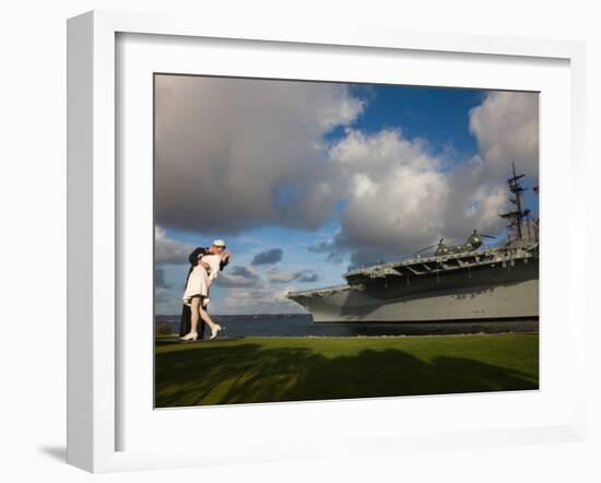 Sculpture Unconditional Surrender with USS Midway Aircraft Carrier, San Diego, California, USA-null-Framed Photographic Print