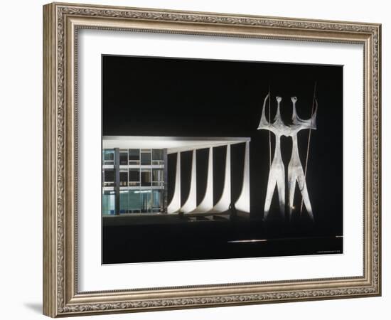 Sculptures in Front of Oscar Niemeyer Designed Building Lit Up at Night-Dmitri Kessel-Framed Photographic Print