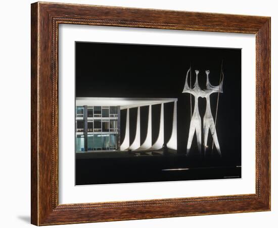 Sculptures in Front of Oscar Niemeyer Designed Building Lit Up at Night-Dmitri Kessel-Framed Photographic Print