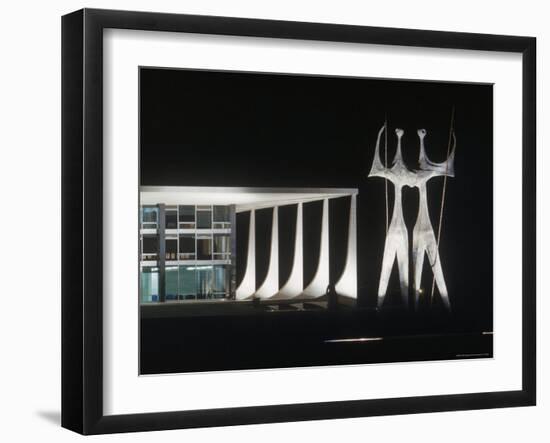 Sculptures in Front of Oscar Niemeyer Designed Building Lit Up at Night-Dmitri Kessel-Framed Photographic Print