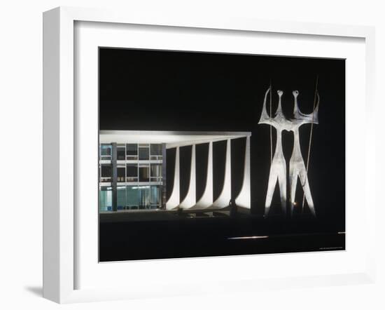 Sculptures in Front of Oscar Niemeyer Designed Building Lit Up at Night-Dmitri Kessel-Framed Photographic Print
