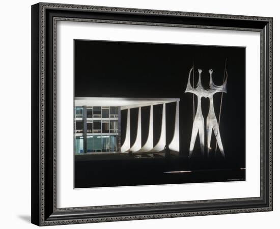 Sculptures in Front of Oscar Niemeyer Designed Building Lit Up at Night-Dmitri Kessel-Framed Photographic Print